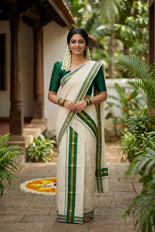 Southloom Kerala Cotton Kasavu Single Set Mundu (Mundum Neriyathum) with Green Kasavu Border SLKK