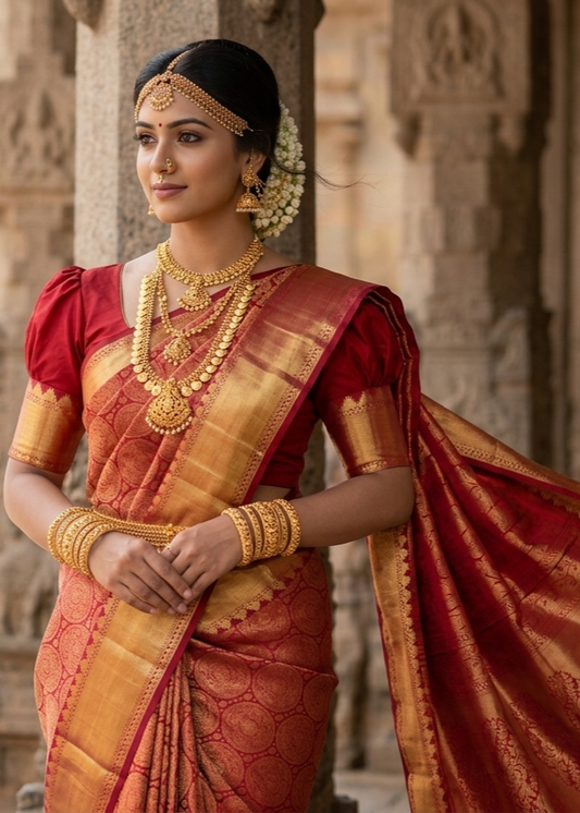 Southloom Pure Handloom Bridal Kanchipuram Silk Saree with Korvai Work (Red)