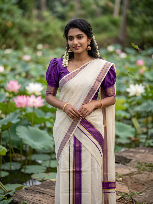 Southloom Kerala Cotton  Set Mundu (Mundum Neriyathum) with Kasavu and Violet Border 2.80Mtrs