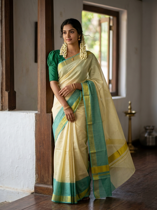 Southloom Tie & Dye - Half & Half Multi Colour Green Design Saree with Kasavu Lines Across Body SL264