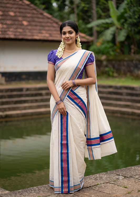 Southloom Kerala Cotton Kasavu  Set Mundu (Mundum Neriyathum) with Blue And Pink Border in 2.80 Mtrs SLKK