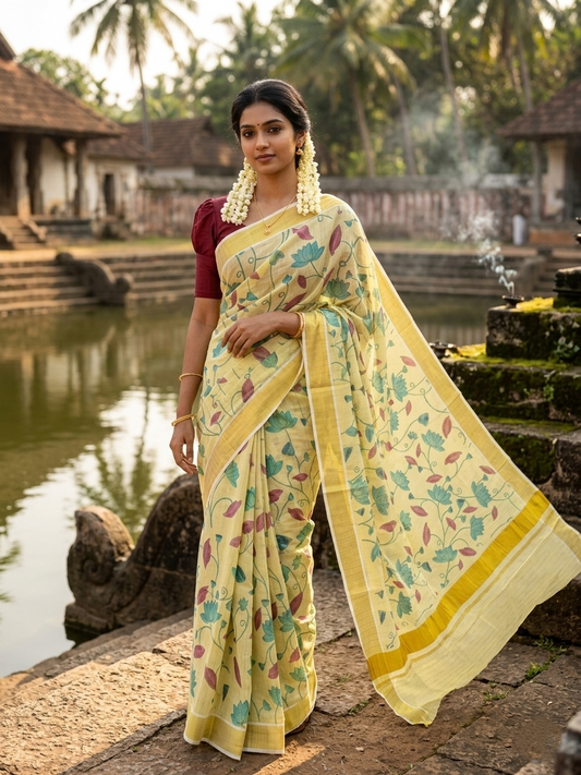 Kerala Tissue Kasavu Lines Saree with Blue Floral Kalamkari Design
