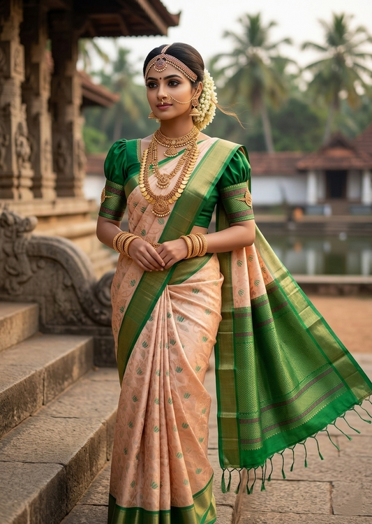 Southloom Pure Handloom Kanchipuram Silk Saree with Korvai Work (Beige & Green)