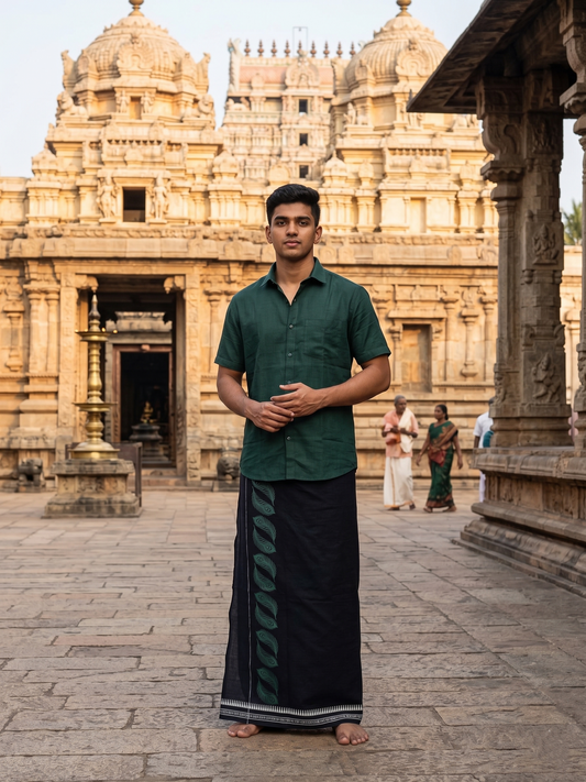 Southloom Kerala Black Printed Single Mundu / Otta Mundu / Lungi (South Indian Kerala Dhoti)