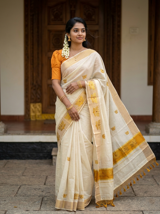 Southloom Kerala Tissue Kasavu Saree with Saffron And Golden Lotus Embroidary Works on Body SL273