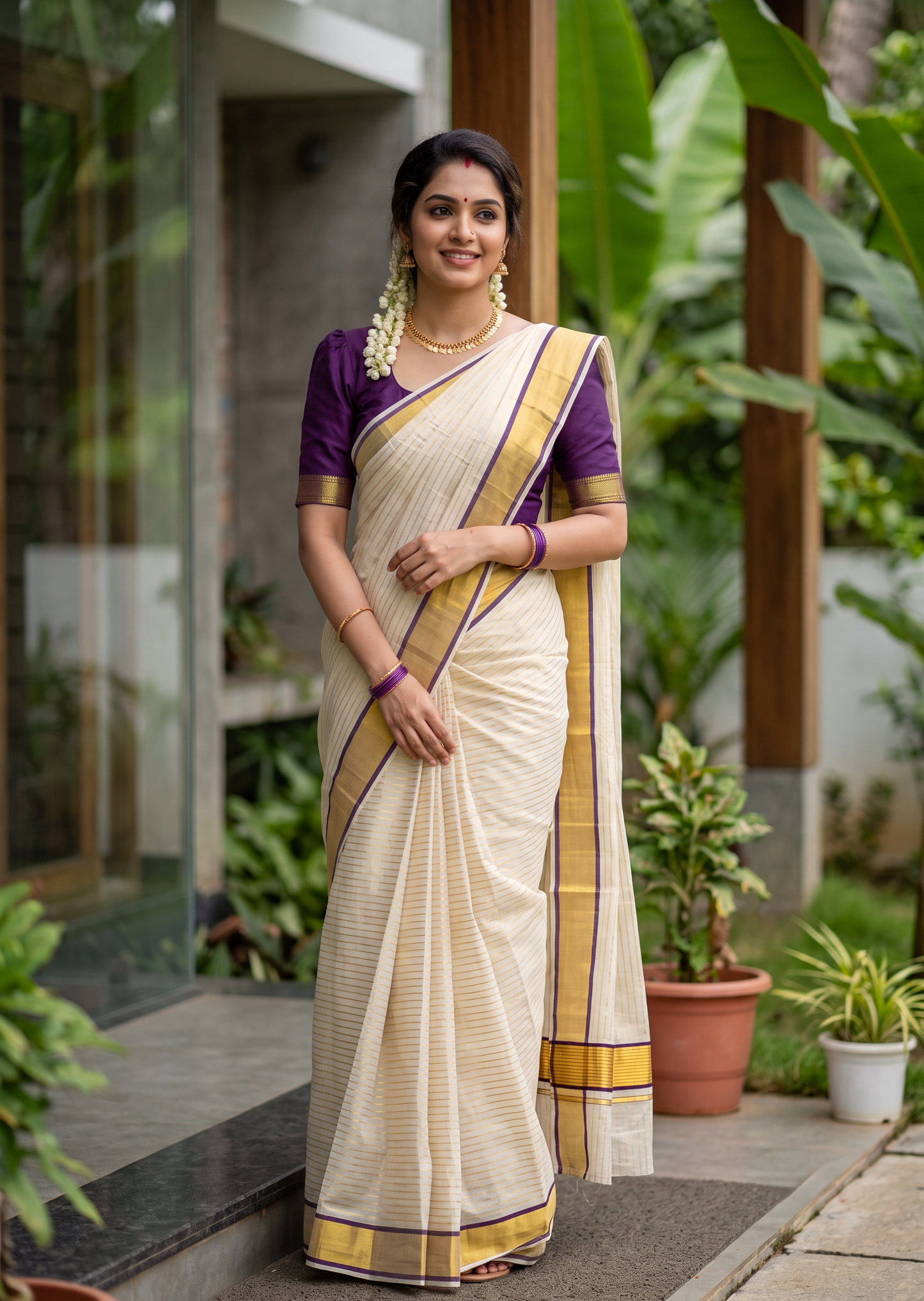 Southloom Super Premium Balaramapuram Handloom Cotton Stripe Saree with Gold And Purple Chuttikara Design on Border