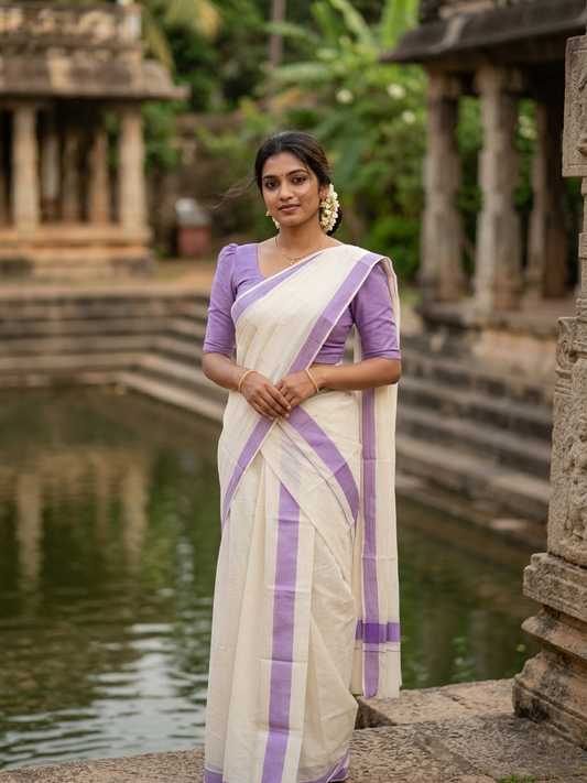 Southloom Pure Cotton Kerala Single Mulloth Set Mundu (Mundum Neriyathum) Lavender Border in 2.80 mtrs SL270