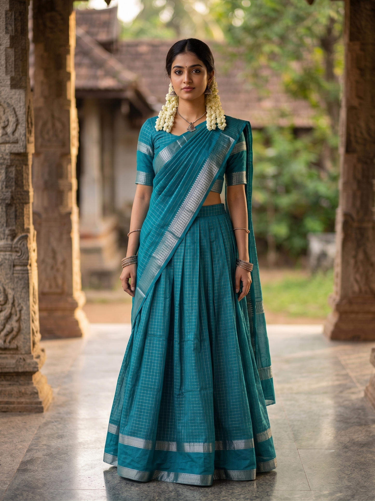 Kerala Southloom Semi UnStitched Dhavani Set with Pavada and Blouse In Peacock Green Piece SL585