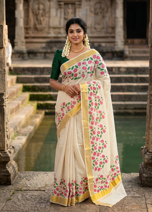 Southloom Kerala Cotton Microcheck Saree with Digital Print Lotus Design SL342