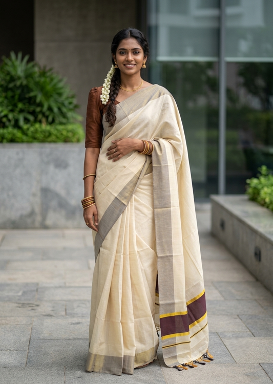 Southloom Kerala Tissue Kasavu Saree with Brown Border