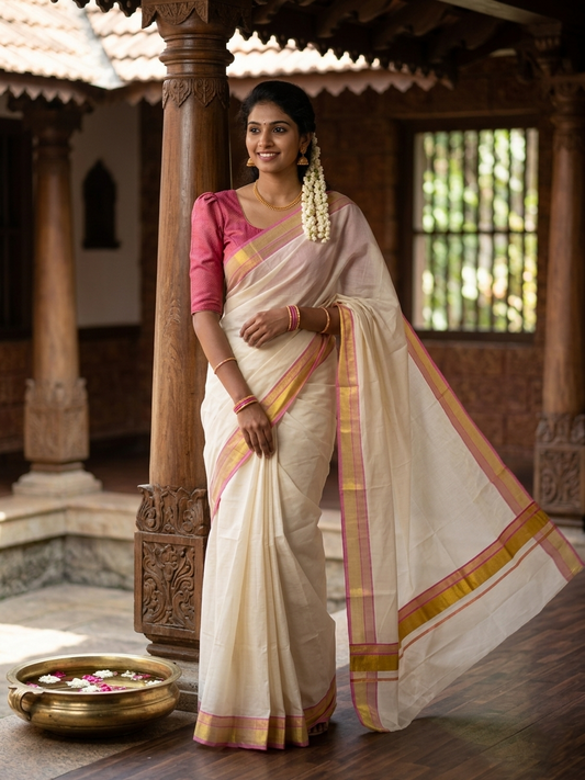 Pure Cotton Kerala Saree with Kasavu and Pink Border