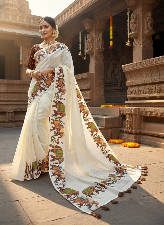Southloom Kerala Cotton Saree with Elephant Design