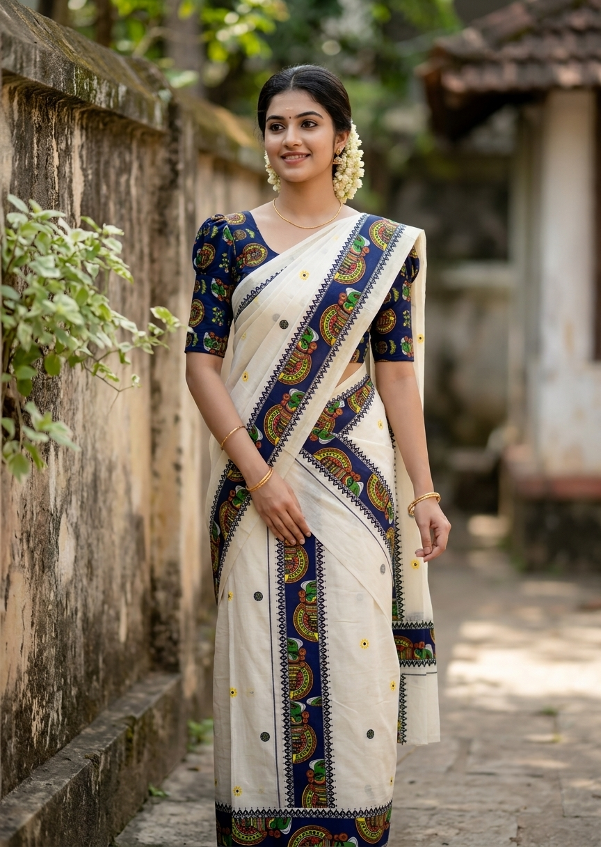 Southloom Kerala Pure Cotton Set Mundu (Mundum Neriyathum) with Blue Kathakali Block Prints on Border-2.80Mtrs SL621
