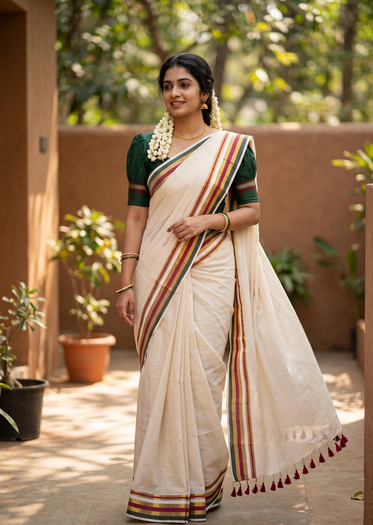 Southloom Mul Cotton 120 x 120 Soft Fabric Saree with Green&Magenta in Border SL215