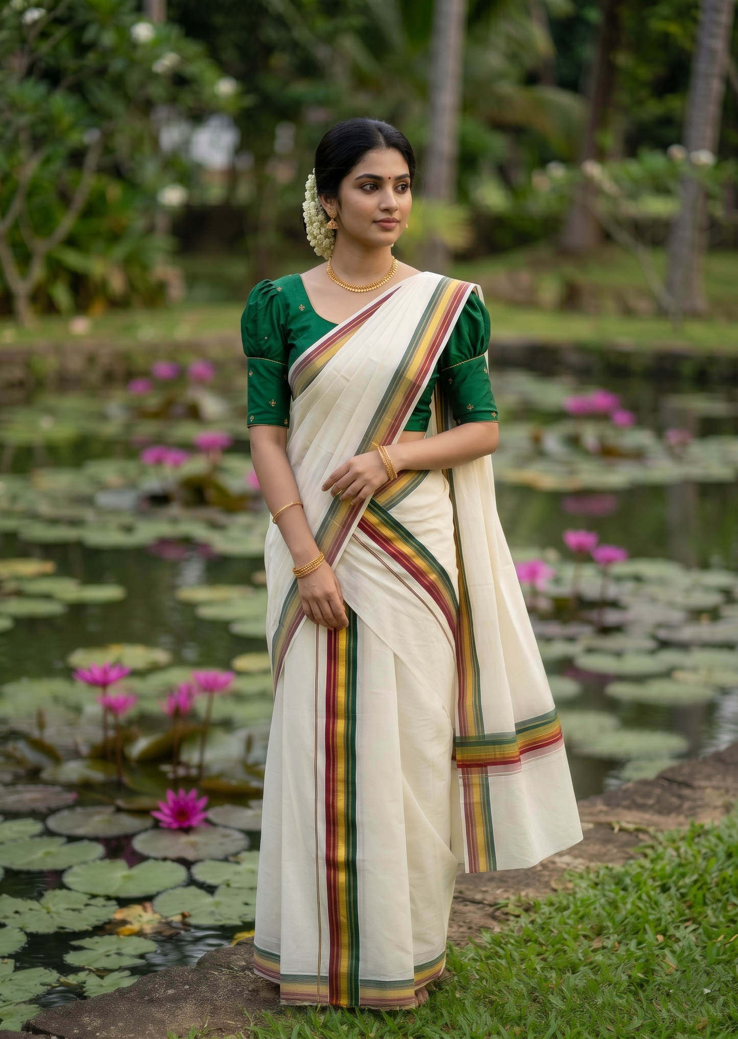 Southloom Kerala Cotton Kasavu Single Set Mundu (Mundum Neriyathum) with Maroon and Green Kasavu Border SLKK SL480