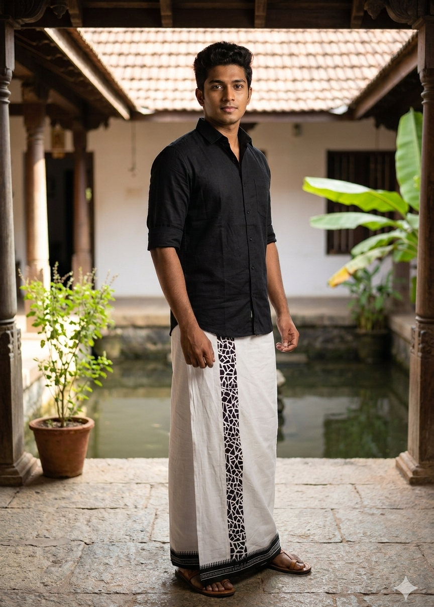 Pure White Single Dhoti With Black Colour Print SL319