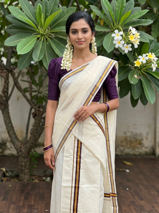 Southloom Pure Cotton Kerala Single Set Mundu (Mundum Neriyathum) with Purple Kasavu Border in 2.80 Mtrs