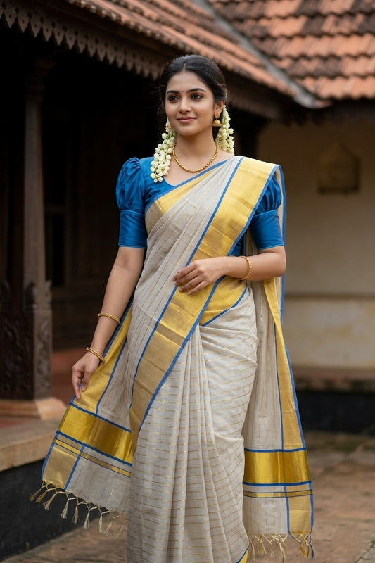 Southloom Premium Balaramapuram Handloom Tissue Kasavu Lines Design Kerala Saree with Blue Border SL307