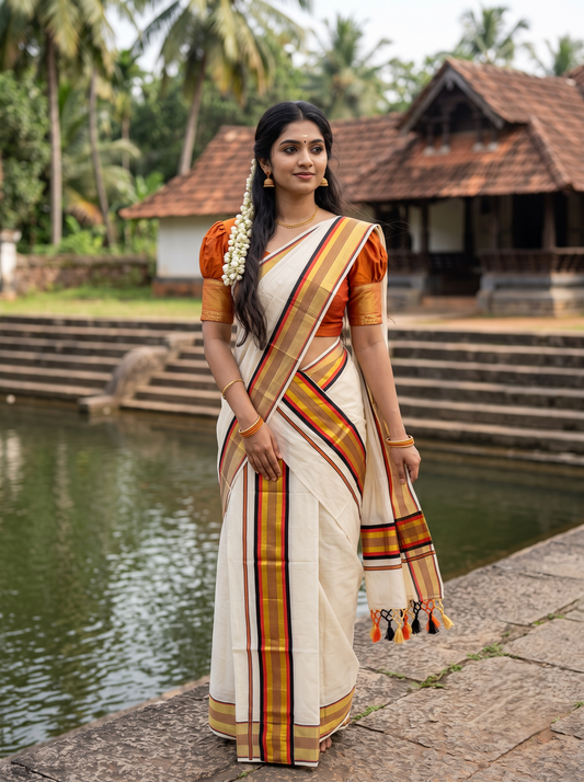 Southloom Kerala Cotton Kasavu Single Set Mundu (Mundum Neriyathum) with Orange and Gold Kasavu Lines .SLKK SL518