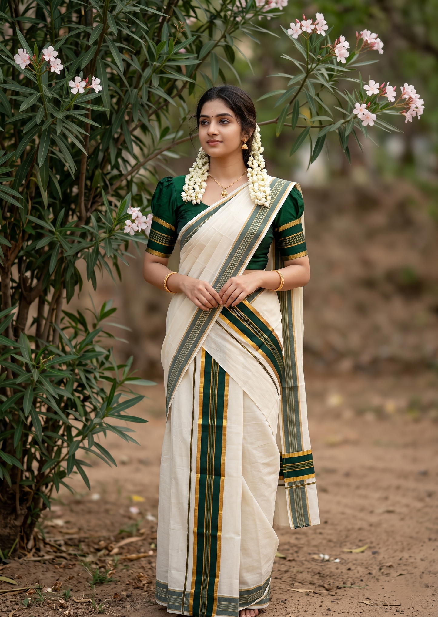Kerala Cotton Set Mundu (Mundum Neriyathum) with Kasavu and Green Border in 2.80 Mtrs SLKK SL470