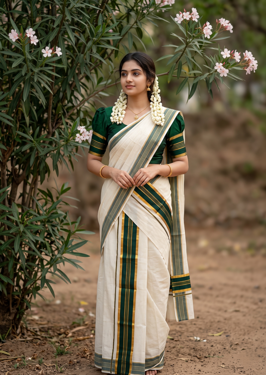 Kerala Cotton Set Mundu (Mundum Neriyathum) with Kasavu and Green Border in 2.80 Mtrs SLKK SL470