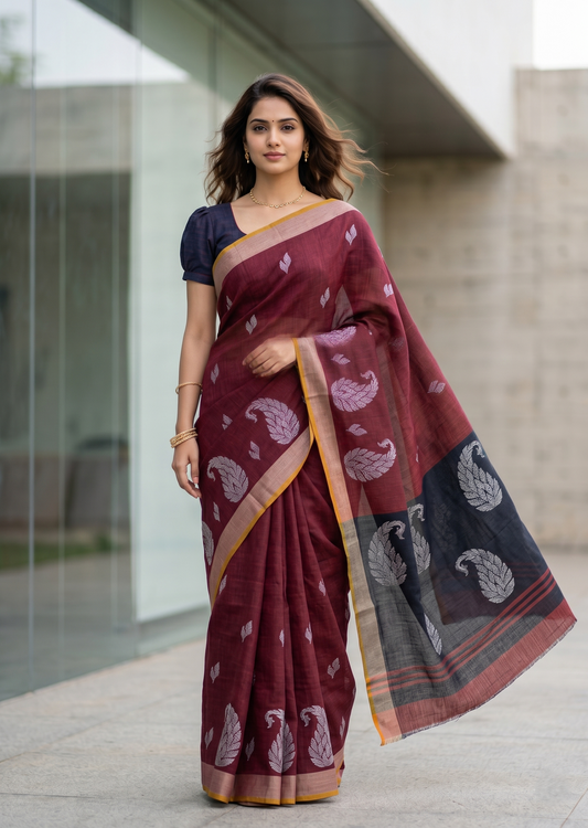 Southloom Kerala Linen Cotton Saree With Embroidery Work On the Body With Maroon And Blue
