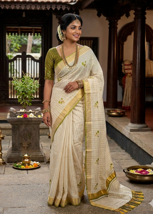 Kerala Tissue Saree With Olive Green Floral Embroidery Design SL249