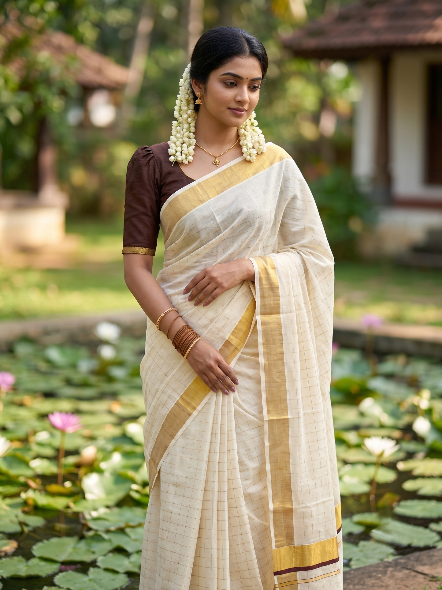 Southloom Pure Cotton  Kerala  Kasavu Woven Check Saree with Brown  Border