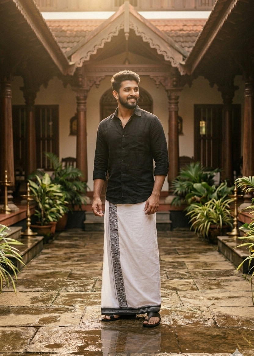 Pure White Single Dhoti With Black Colour Print SL319