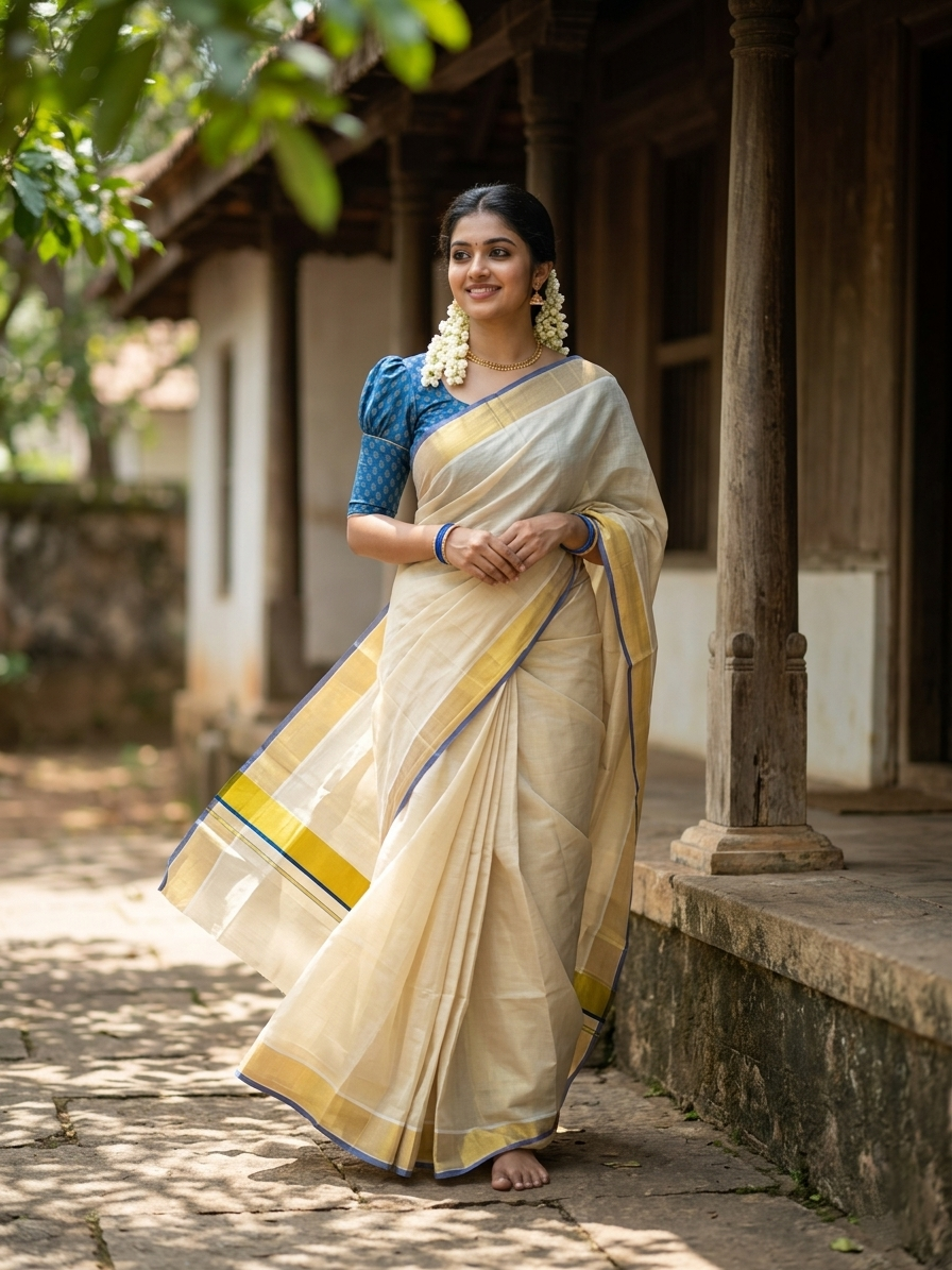 Southloom Kerala Tissue Kasavu Plain Saree With Blue Border