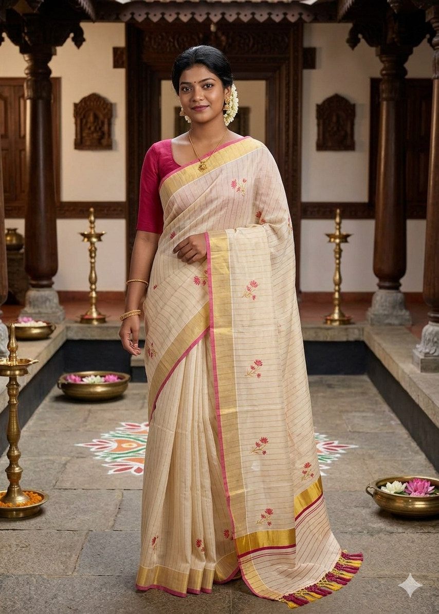 Kerala Tissue Saree With Pink Floral Embroidery Design SL249