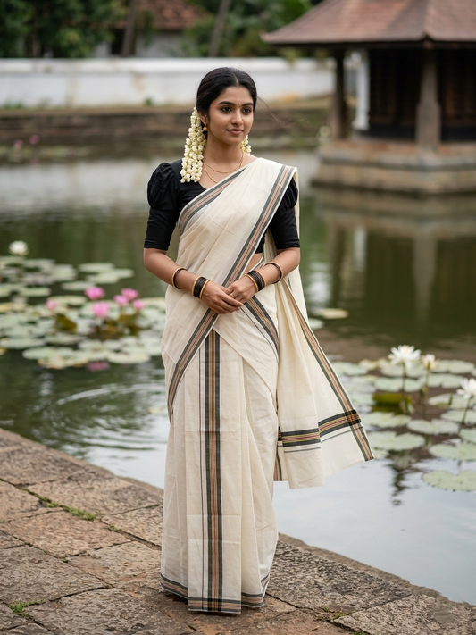 Southloom Pure Cotton Kerala Single Mulloth Set Mundu (Mundum Neriyathum) Black & Purple Border in 2.50 mtrs SL243