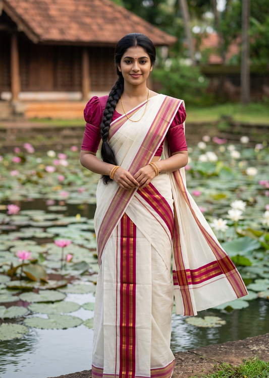 Southloom Kerala Cotton Kasavu Set Mundu (Mundum Neriyathum) with Kasavu and Dark Pink Border 2.80 Mtrs SLKK