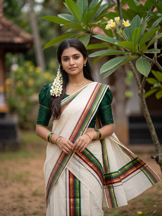 Southloom Kerala Cotton Kasavu Single Set Mundu (Mundum Neriyathum) with Green And Maroon Kasavu Border SLKK