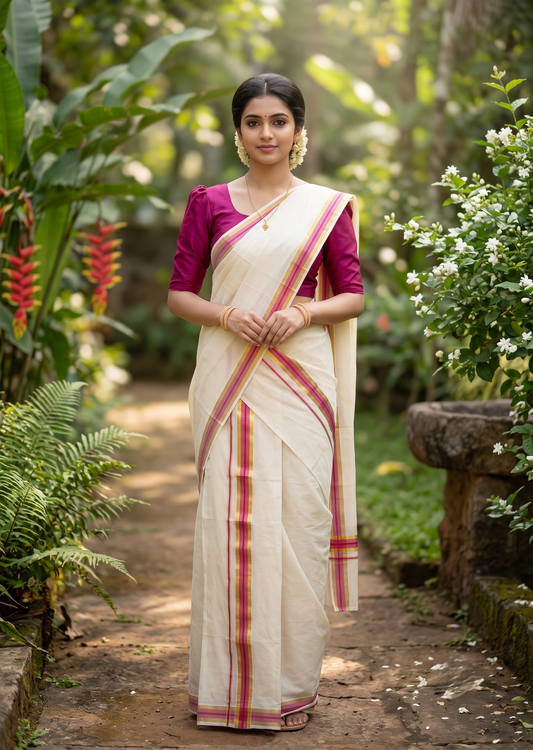 Southloom Pure Cotton Kerala Single Set Mundu (Mundum Neriyathum) with Magenta and Kasavu Border 2.80 Mtrs SLKK