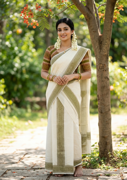Southloom Olive Green Block Printed Set Mundu with Blouse Piece 2.80Mtrs SL423