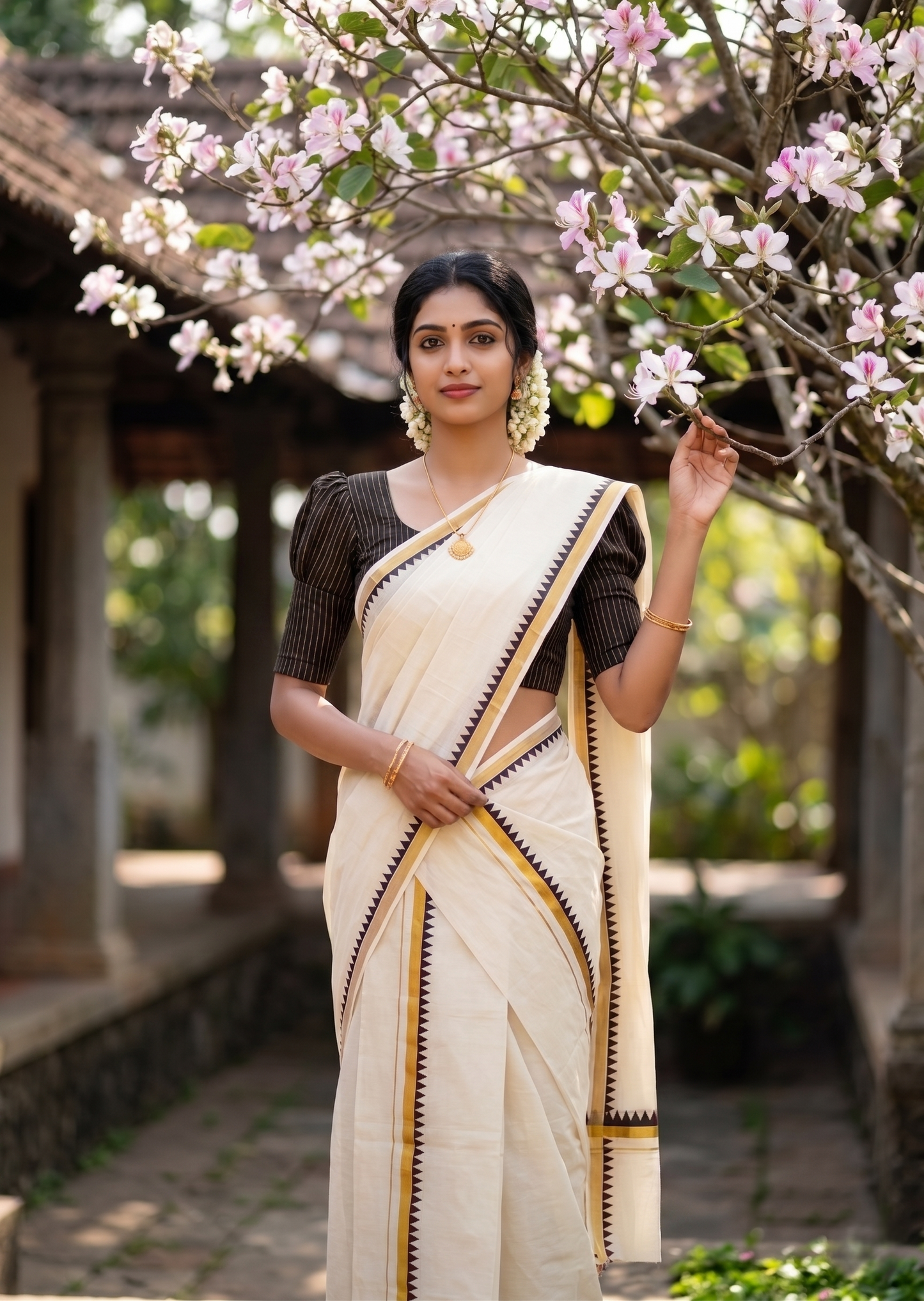 Southloom Pure Cotton Kerala Single Set Mundu (Mundum Neriyathum) with Temple Design in Black 2.80 Mtrs SL352