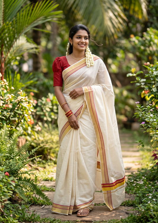 Southloom Pure Cotton Kerala Kasavu Lines Design Saree with Maroon Border