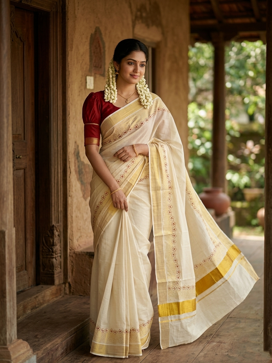 Southloom Kerala Tissue Kasavu Plain Saree with Maroon Floral Embroidery Works