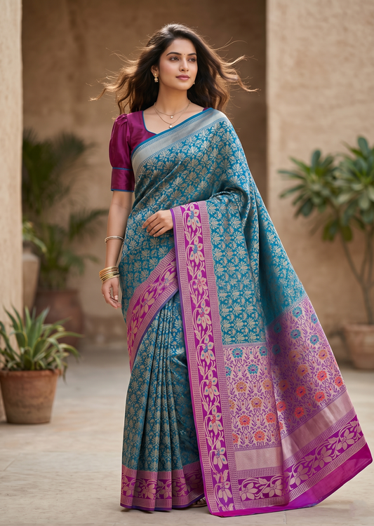 Southloom Pure Banarasi Silk Saree with Woven Work on Body and Borders (Peacock Green And Blue)