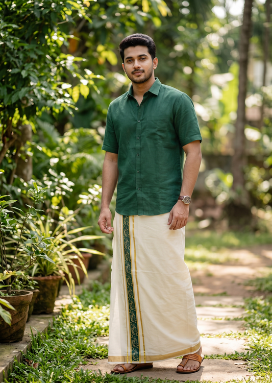 Southloom Pure Cotton Double Mundu with Green Block Printed And Ksavu Border (South Indian Kerala Dhoti)SL597