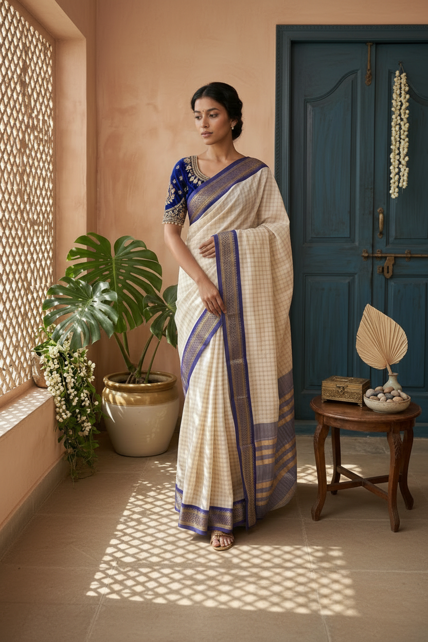 Cotton Silk Check Saree With Blue Border & Tassels SL223