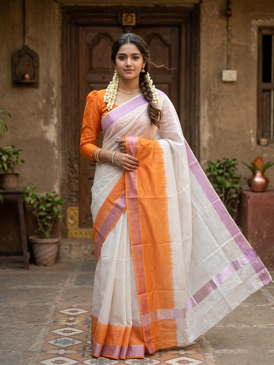 Southloom Tie and Dye Rose Kasavu Lines Saree in Orange SL264