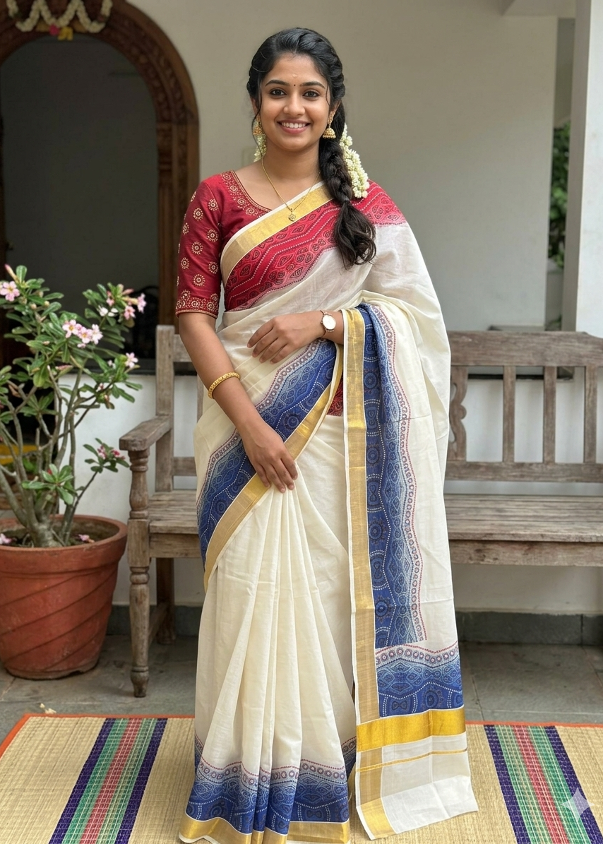 Kerala Cotton Saree with Blue and Red Print SL194