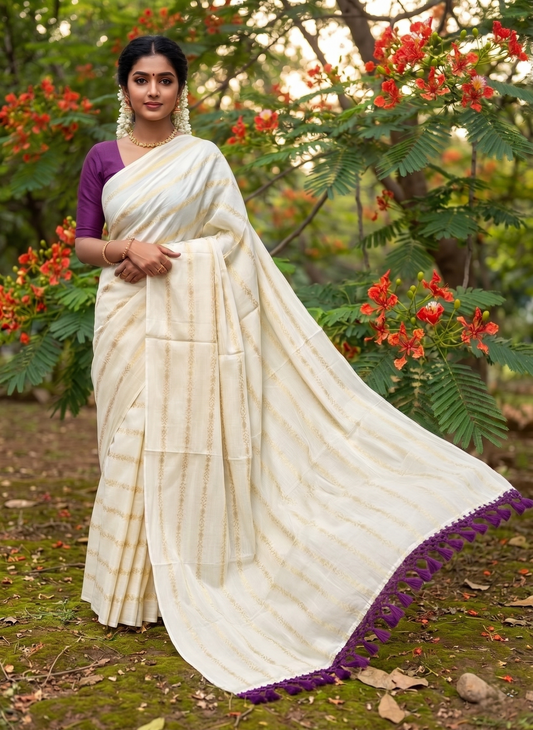 Southloom Kerala Cotton Kasavu Saree with Stripes on Body and Purple Tussels