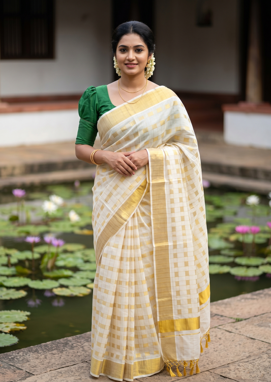 Southloom Pure Cotton Kerala Saree with Stripes And Kasavu Check Designs Across Body SL437