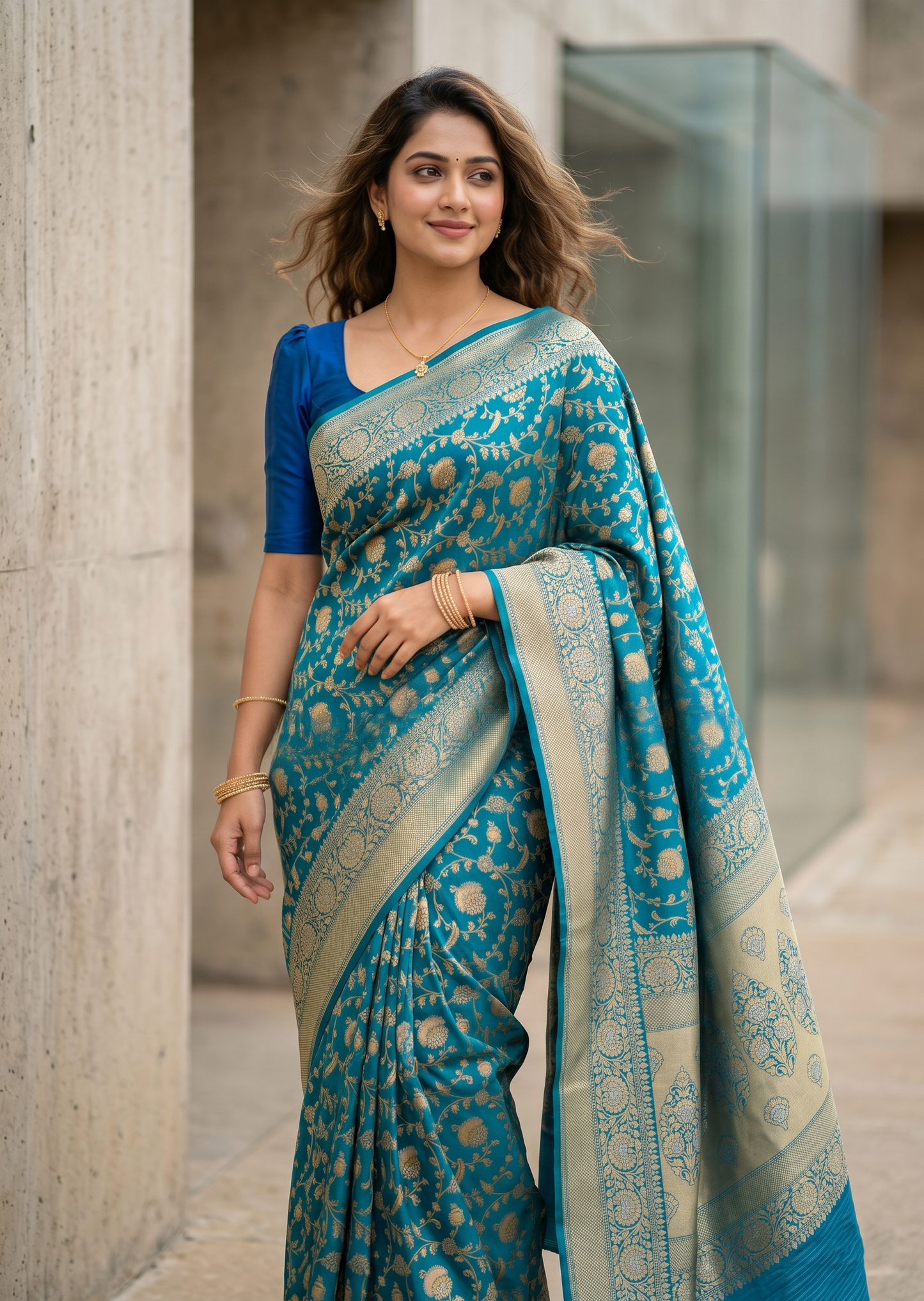 Southloom Pure Banarasi Silk Saree with Woven Work on Body and Borders (Blue)