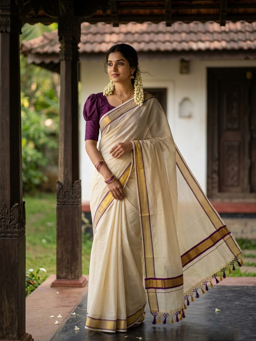 Southloom Kerala Tissue Kasavu Saree With Purple Temple Woven Works on Border SL365