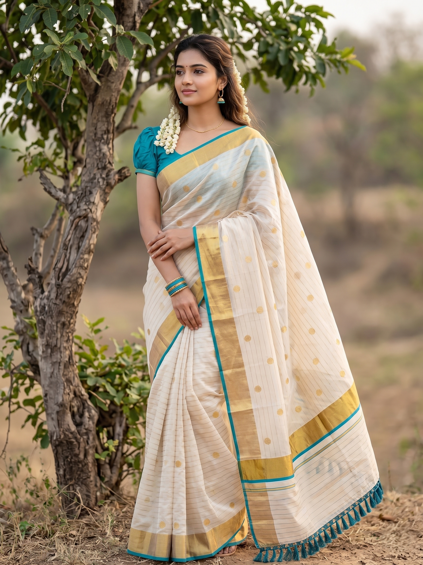 Southloom Kerala Tissue Kasavu Saree with Gold Polka Embroidery Works on Body in Turquoise