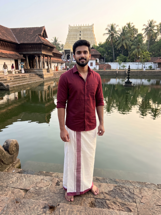 Southloom Kerala Pure Cotton Double Mundu with Silver Lines and Maroon Border with (South Indian Dhoti)